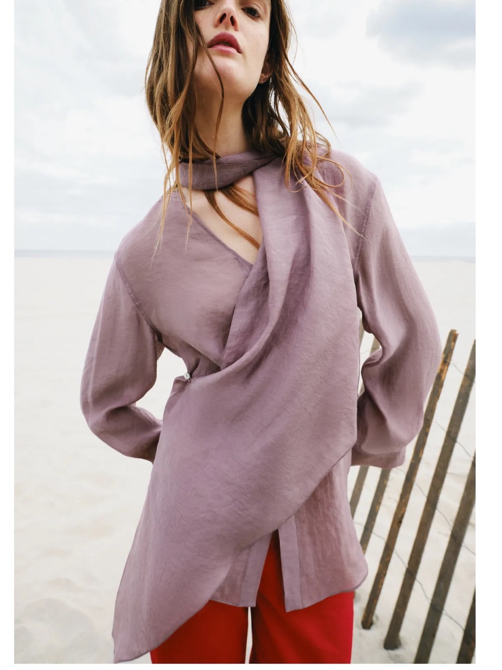 Zara Dusty Lavender Wrap-Scarf Long Sleeve Blouse